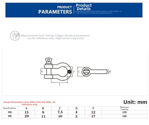 Detailed size chart for 304 stainless steel shackle buckle for DIY paracord bracelets