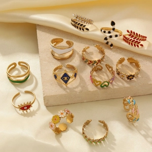 18k gold plated fashion ring set with colorful enamel snake and floral charms