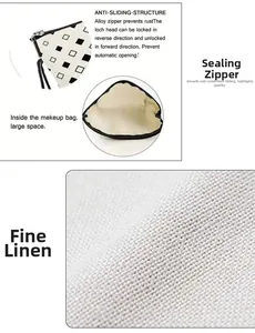 Detailed view of the linen makeup bag featuring a non-slip alloy zipper and large interior