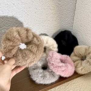 Plush faux fur scrunchies hair ties set in beige white grey pink black and khaki