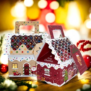 Detail of gingerbread house gift boxes with Merry Christmas tags and festive motifs