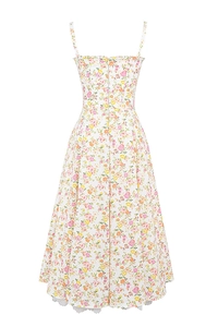 Detail view of floral midi dress featuring a back zipper and delicate white lace hemline