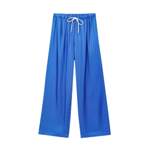 Women's blue striped high-waisted wide-leg pants with drawstring and smooth fabric