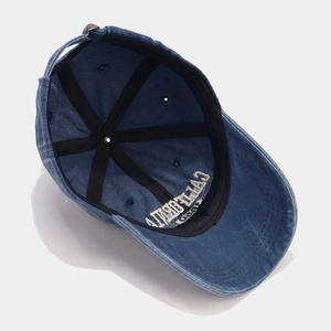 Deep blue vintage washed denim baseball cap with California embroidery and metal buckle