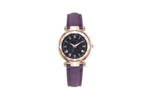 Detailed view of women's watch featuring a starry sky dial and purple leather strap