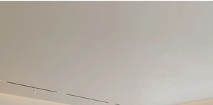 Close-up of minimalist black track lighting rail with white cylindrical LED spotlights