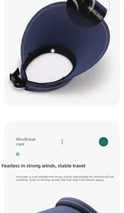 Detail view of adjustable black windproof chin strap on a navy blue sun visor hat