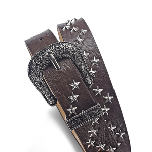 Retro brown PU leather belt with silver star studs and engraved western buckle