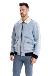 Detail of men's fleece denim jacket with white faux fur collar and ribbed cuffs