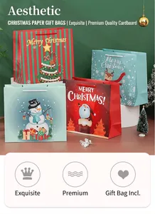 Detail of Christmas gift bags made of premium paper with festive cartoon patterns