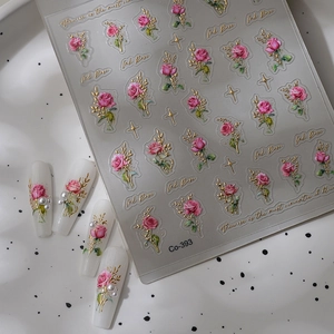 Detail of Ink Rose gold foil nail stickers Co-393 with pink roses and white pearl accents