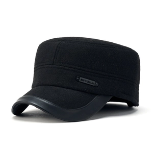 Winter black wool cadet cap with leather trim and ear protection for men outdoors