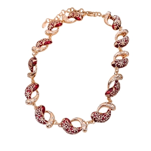 Vintage gold necklace with red enamel floral links and zircon water drop pendant