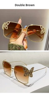 Detail of square oversized sunglasses featuring butterfly crystal decor and brown lenses