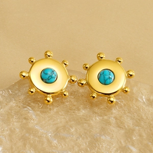 Böhmische goldene Edelstahlohrringe mit natürlichem blauem Türkis im Sonnenstrahl-Design