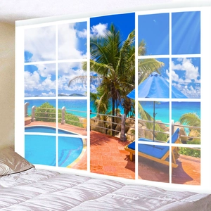 Tropical sea view window landscape tapestry with swimming pool and palm trees for wall decor