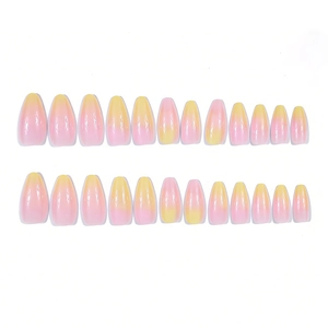 Long almond press-on nails featuring a sweet pink and yellow vertical gradient finish