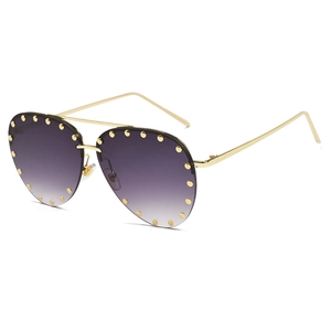 Stylish gold metal semi-rimless aviator sunglasses with purple gradient rivet lenses