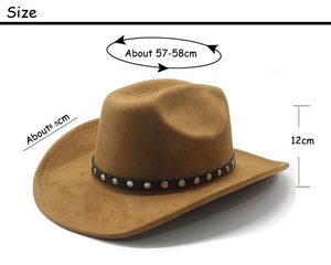 Detail view of brown suede cowboy hat with studded belt showing dimensions and size