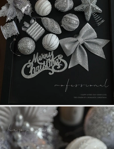 Macro detail of silver glitter Christmas ornaments set featuring star and bow shapes