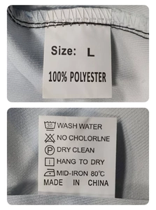 Care label and size L tag for camouflage cargo pants, 100% polyester material details
