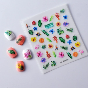 Adesivi per unghie 5D a rilievo con fiori e foglie tropicali colorati ed eleganti
