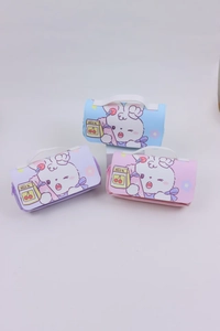 Detailed view of large capacity PU leather pencil cases in blue, purple and pink colors