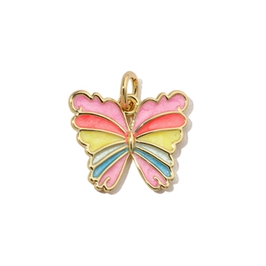 Detail showing the colorful enamel butterfly pendant with golden metal edges and ring