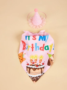 Pink pet birthday party set with sequin cone hat and it's my birthday triangle bandana
