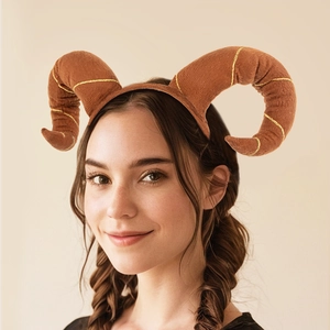 Brown plush devil horn headband with gold wire spiral wrap for Halloween cosplay