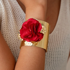 Wide Gold Tone Iron Cuff Bracelet With Large Red Fabric Rose Flower Statement Floral Fashion Jewelry For Women