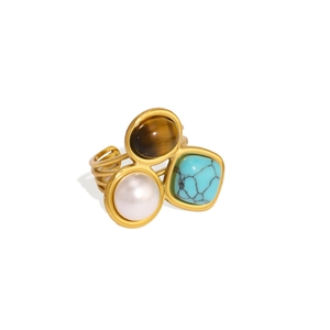 Gold stainless steel multi-layer open ring with tiger eye, pearl and turquoise stones