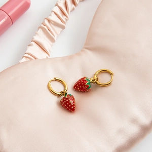 18K gold plated stainless steel hoop earrings with red strawberry enamel pendants