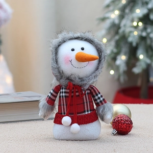 Charming snowman plush in red plaid sweater and grey fur hat for Christmas decor
