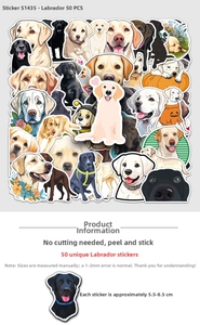 50 unique Labrador stickers featuring different breeds and sizes from 5.5 to 8.5 cm