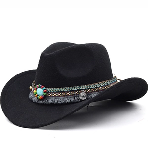 Western Cowboy Hat Felt Fedora With Ethnic Band Turquoise Tassel Beads And Coin Pendant Wide Brim Jazz Hat For Men Women