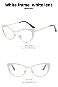 Front and side views of stylish cat-eye glasses frames with white and rose gold finish
