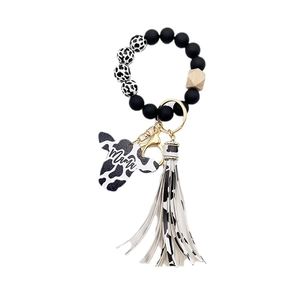 Western cow print bead bracelet keychain with mama bull head charm and tassel
