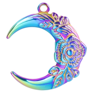 Rainbow stainless steel moon and rose flower pendant necklace with bone link chain