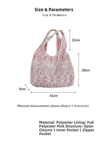 Detailed size chart for pink floral lace shoulder bag with polyester lining and inner pockets