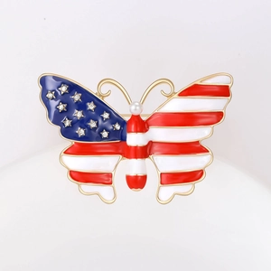 Luxurious American flag butterfly brooch with colorful crystals and pearl on gold finish
