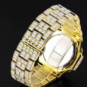 Luxury gold quartz watch for men with full baguette-cut zircon crystals and date display