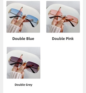 Detail of frameless gradient sunglasses with gold butterfly accents in three colors