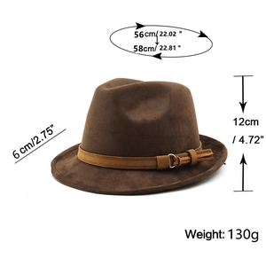 Detailed dimensions of dark brown fedora hat with buckle band and suede finish