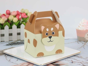 Detail of European-style Shiba Inu paper gift box with handle for candy and pastries