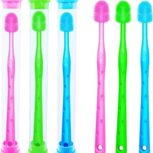 Silicone pet toothbrush set for dogs and cats in pink, green, and blue colors