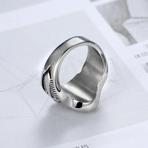 Punk style cross stainless steel ring for men featuring silver textured feather carving