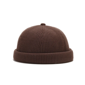 Retro dark brown knitted docker cap with roll-up edge and classic textured wool finish