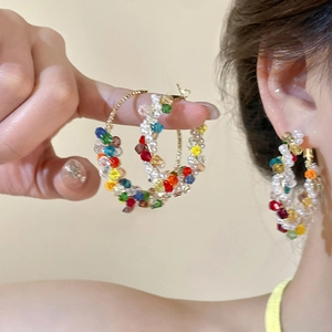 Créoles En Künstliche Perles Colorées Avec Künstliche Perles Fantaisie Alliage Verre Tissé À La Main Style Bohème Tige En Argent Pour Femme