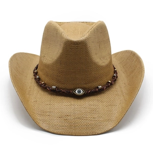 Ethnic western straw cowboy hat in khaki with woven leather band and evil eye charm